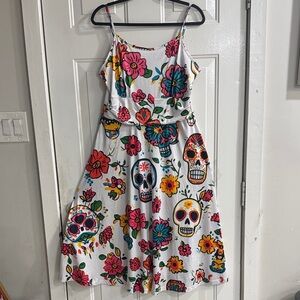 White Floral Sugar Skull Spaghetti-Strap Maxi Dress